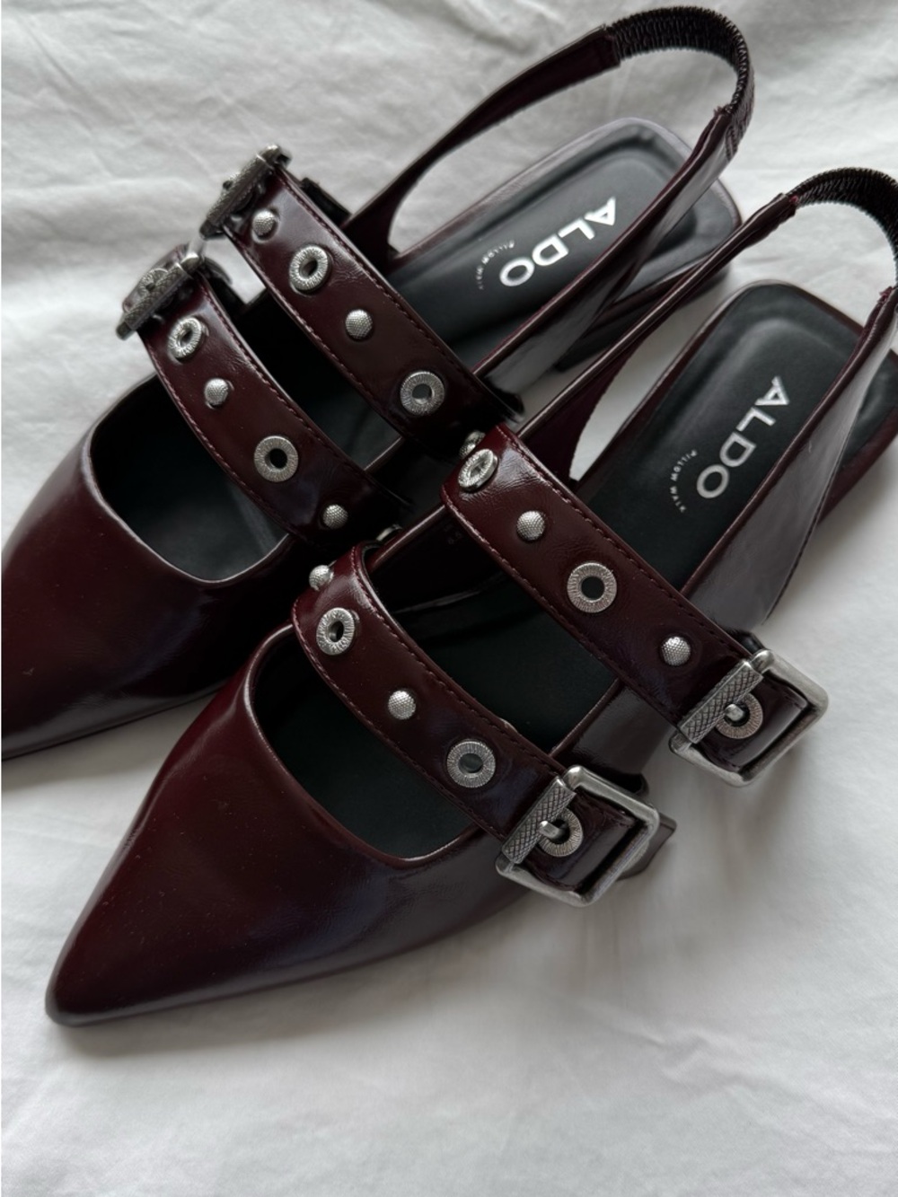 ALDO Burgundy Pointed-Toe Slingback Mules with Studded Straps